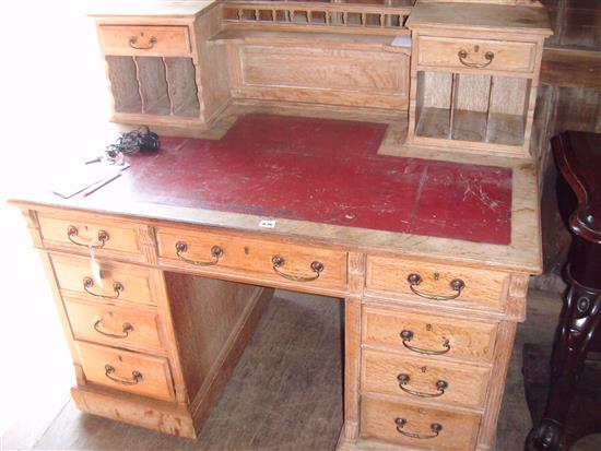 Edwardian oak pedestal desk with fitted superstructure